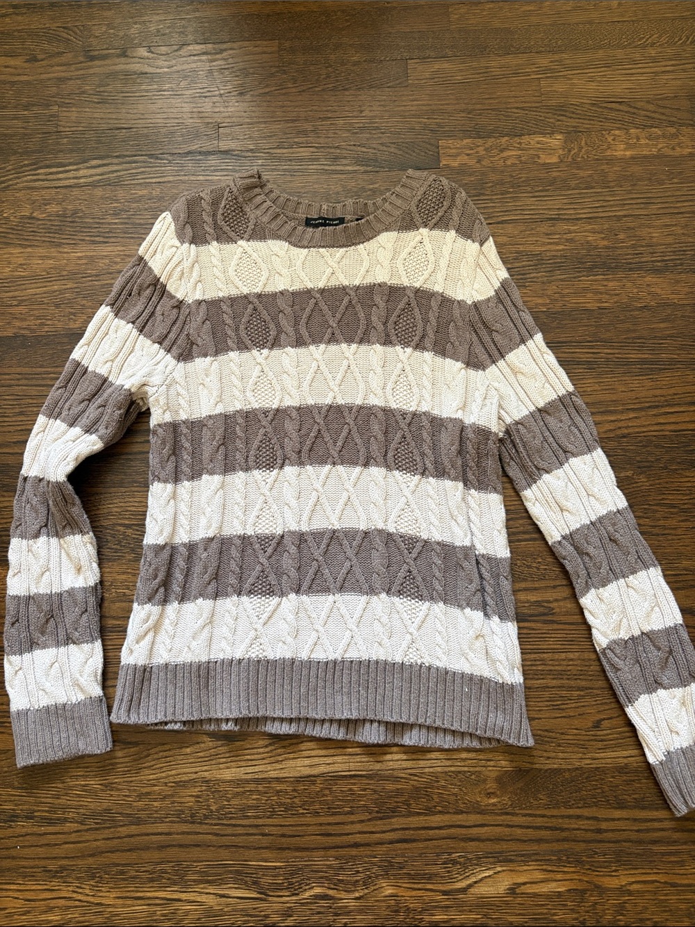 JEANNE PIERRE Striped Cable-Knit Crewneck Sweater in Cream and Taupe